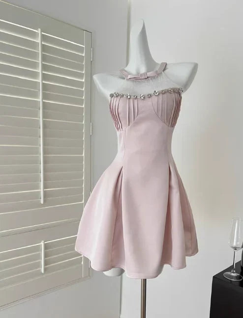 Vintage Pink Beaded Homecoming Dress A-Line Satin Party Dress Short Cocktail Dress HZ1024
