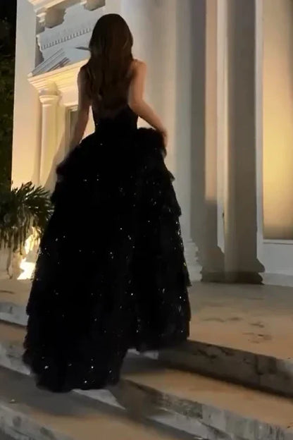 Sparkly Stunning Black Sequined Sleeveless Strapless Long Prom Dress with Split DP291