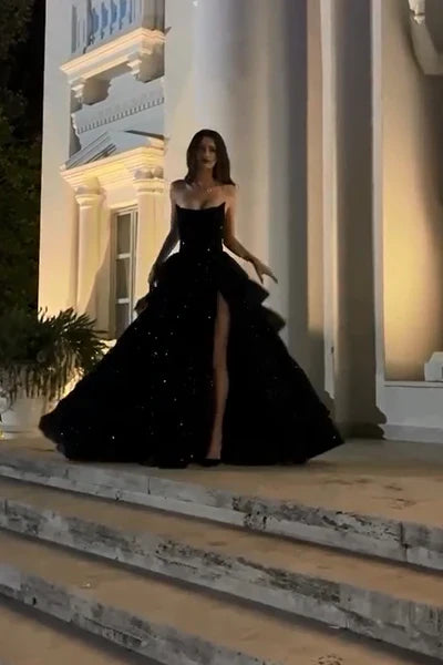 Sparkly Stunning Black Sequined Sleeveless Strapless Long Prom Dress with Split DP291