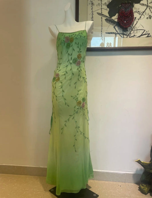 Elegant Spaghetti Strap Sheath Prom Dress Vintage Chiffon Beaded Green Formal Evening Dress DP2932