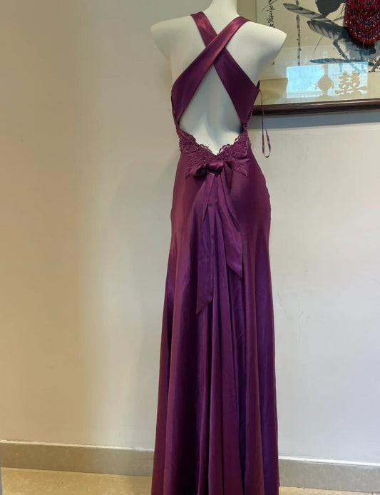 Elegant V-neck Sheath Prom Dress Vintage Satin Applique Purple Formal Evening Dress DP2933