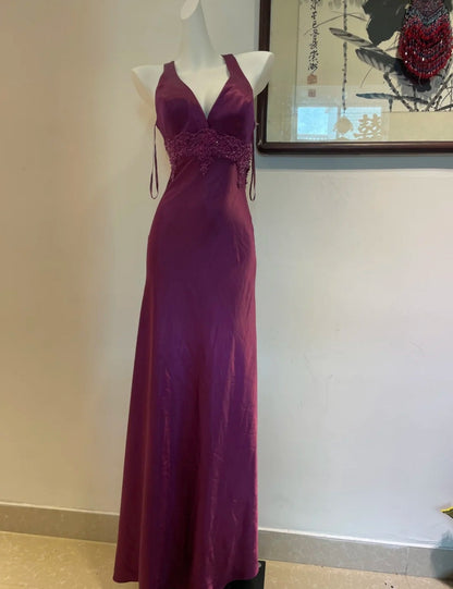 Elegant V-neck Sheath Prom Dress Vintage Satin Applique Purple Formal Evening Dress DP2933