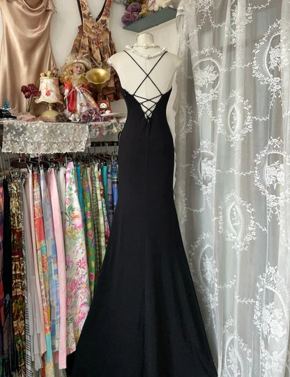 Elegant Spaghetti Strap Sheath Prom Dress Vintage Chiffon Sequin Black Formal Evening Dress DP2934