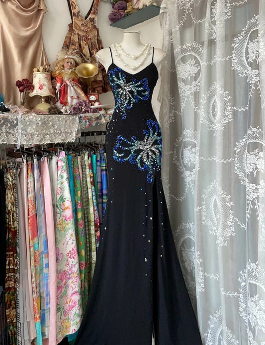 Elegant Spaghetti Strap Sheath Prom Dress Vintage Chiffon Sequin Black Formal Evening Dress DP2934