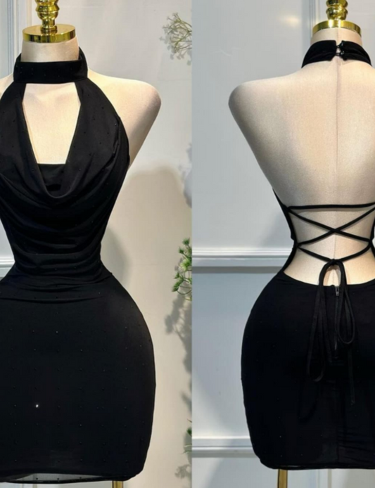 Fashionable Black Halter Bodycon Short Party Dress Open Back Homecoming Dress DP2950
