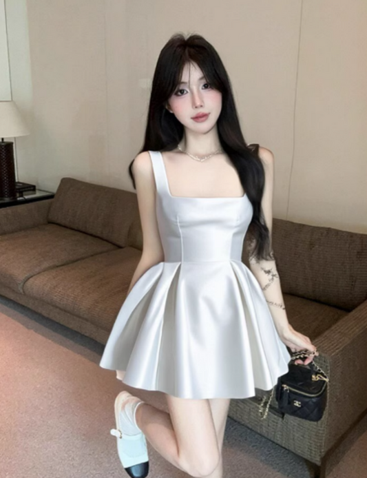 Fashion Square Neck A-Line Short Party Dress Satin White Homecoming Dress DP2952