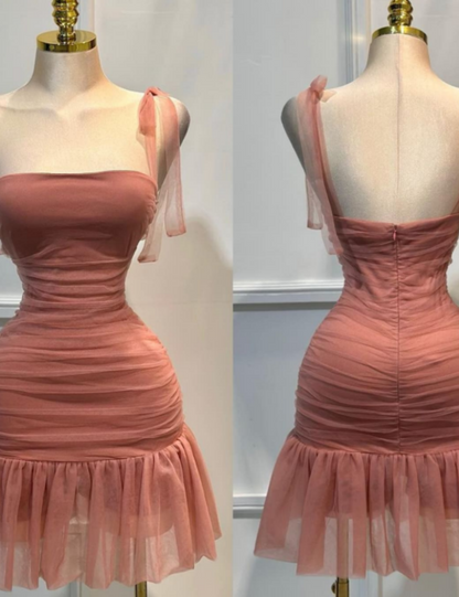 Cute Strap Sheath Short Party Dress Tulle Red Homecoming Dress DP2954