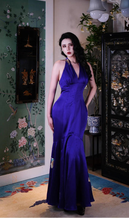 Vintage Purple Halter Mermaid Long Prom Dress Satin Backless Formal Evening Dress DP2975