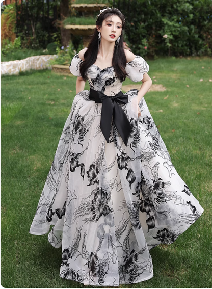 Elegant Off-the-shoulder Evening Dresses, Floral Chiffon Formal Dresses, A-Line Birthday Dresses DP2994