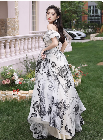 Elegant Off-the-shoulder Evening Dresses, Floral Chiffon Formal Dresses, A-Line Birthday Dresses DP2994