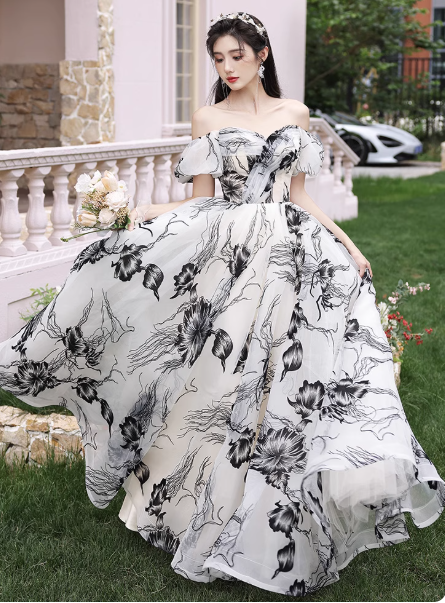 Elegant Off-the-shoulder Evening Dresses, Floral Chiffon Formal Dresses, A-Line Birthday Dresses DP2994