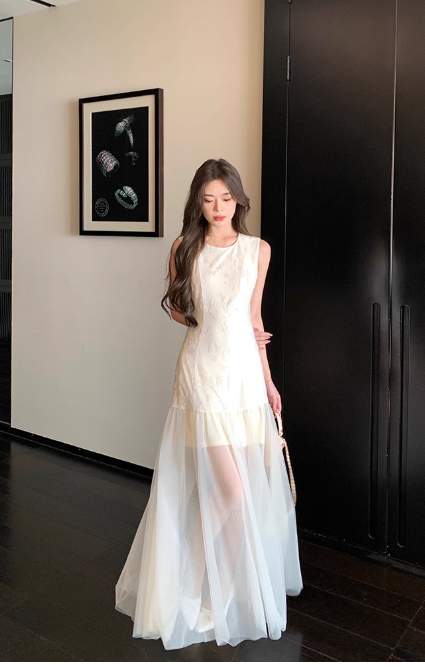Elegant Jewel Sheath Evening Dresses, White Tulle Birthday Dresses DP2996