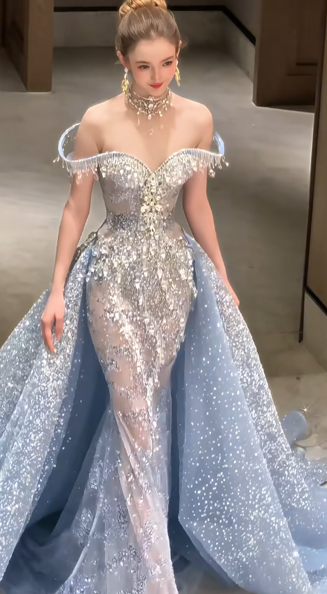 Elegant Mermaid Evening Dresses, Off-the-shoulder Tulle Beaded Long Formal Dresses DP2998