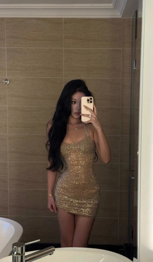 Sexy Bodycon Champagne Short Prom Dresses Halter Neck Birthday Dresses Sleeveless Homecoming Dresses DP3000