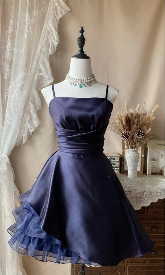 Cute A-Line Short Prom Dresses Spaghetti Straps Satin Birthday Dresses, Navy Blue Homecoming Dresses DP3002