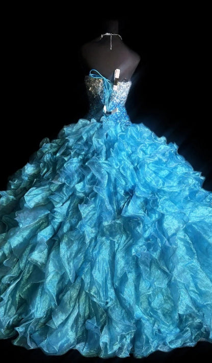 Gorgeous Sweetheart Neck Ball Gown Tulle Long Prom Dresses Blue Quinceanera Dresses DP3011