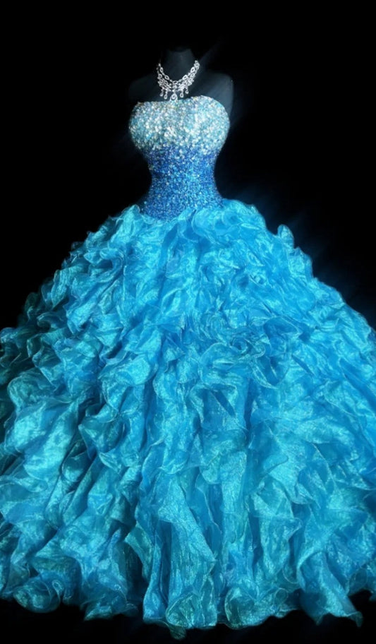 Gorgeous Sweetheart Neck Ball Gown Tulle Long Prom Dresses Blue Quinceanera Dresses DP3011