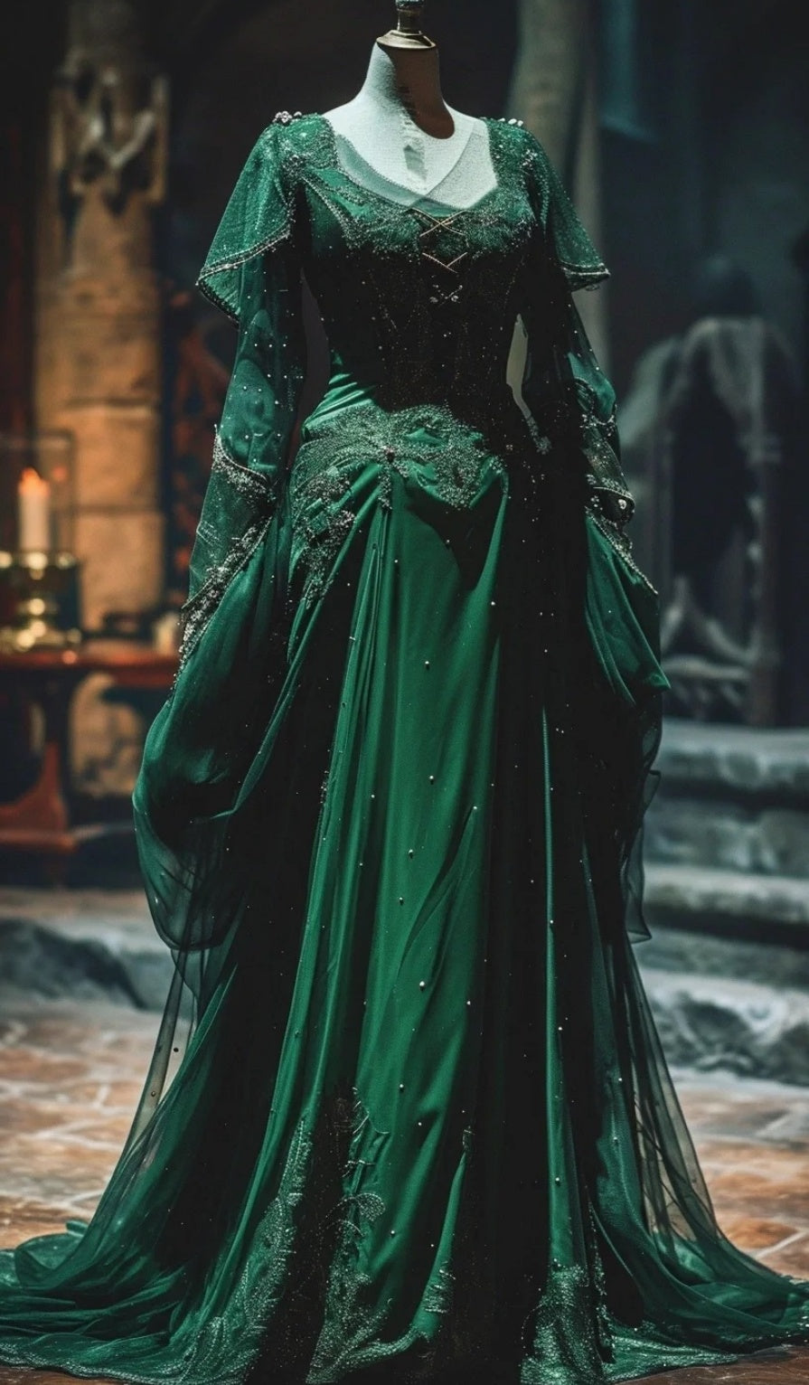 Vintage Sheath Chiffon Beaded Long Prom Dresses Green Satin Palace Style Formal Evening Dresses DP3014