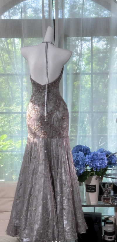 Vintage V-neck Mermaid Lace Beaded Long Prom Dresses, Silver Grey Evening Dresses DP3022