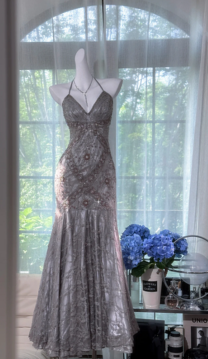 Vintage V-neck Mermaid Lace Beaded Long Prom Dresses, Silver Grey Evening Dresses DP3022