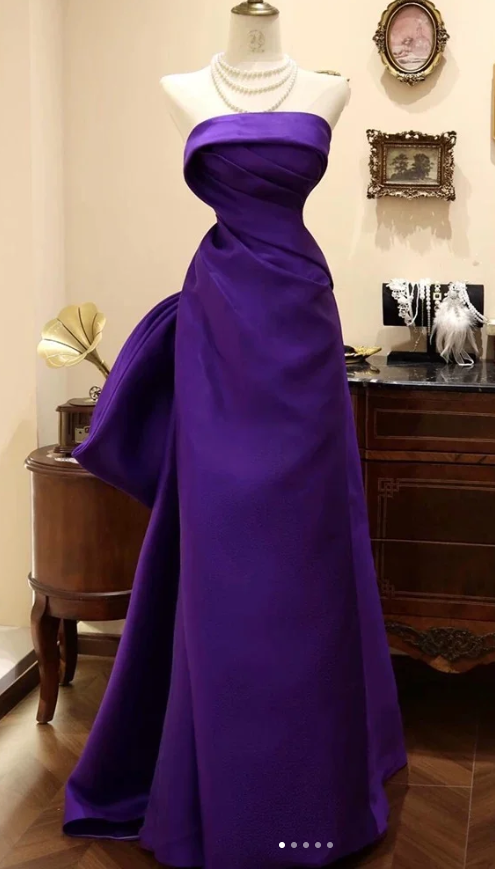 Elegant Strapless Sheath Satin Long Prom Dresses, Purple Formal Evening Dresses DP3027