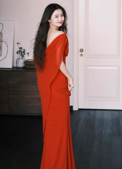 Elegant Off-shoulder Mermaid Chiffon Long Prom Dresses，Red  Formal Evening Gowns DP3069