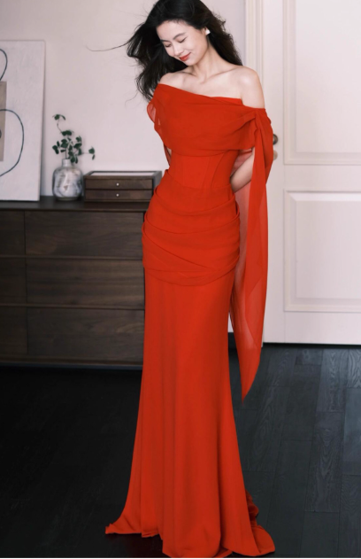 Elegant Off-shoulder Mermaid Chiffon Long Prom Dresses，Red  Formal Evening Gowns DP3069