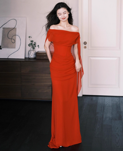 Elegant Off-shoulder Mermaid Chiffon Long Prom Dresses，Red  Formal Evening Gowns DP3069