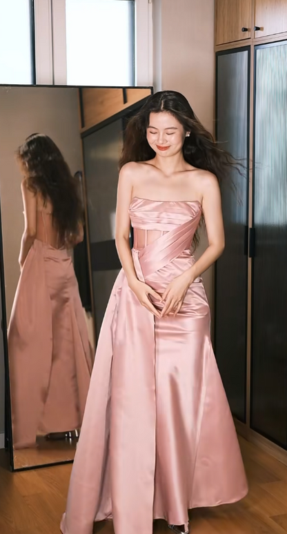 Elegant Strapless Sheath Satin Long Prom Dresses, Pink Formal Evening Dresses DP3095