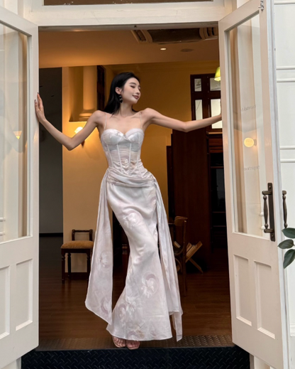 Elegant Spaghetti Straps Mermaid Chiffon Long Prom Dresses, White Evening Dresses DP3107