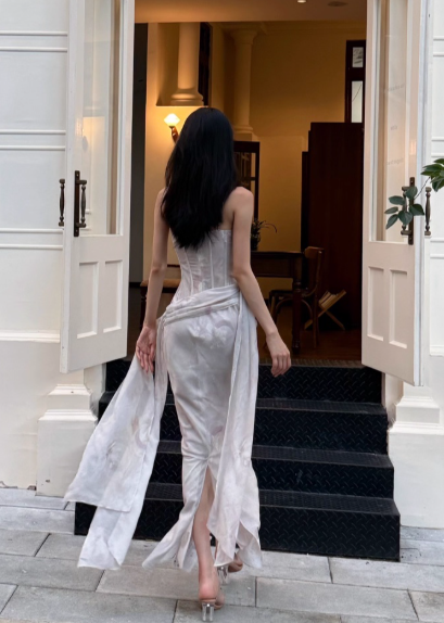 Elegant Spaghetti Straps Mermaid Chiffon Long Prom Dresses, White Evening Dresses DP3107