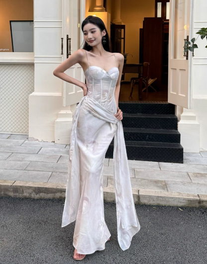 Elegant Spaghetti Straps Mermaid Chiffon Long Prom Dresses, White Evening Dresses DP3107
