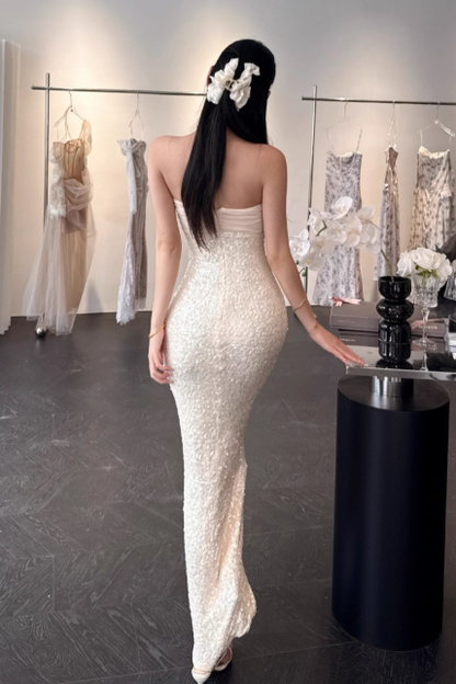 Sexy Strapless Sheath Long Prom Dresses, Light Champagne Formal Evening Dresses DP3131