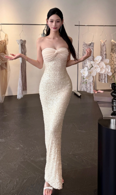 Sexy Strapless Sheath Long Prom Dresses, Light Champagne Formal Evening Dresses DP3131