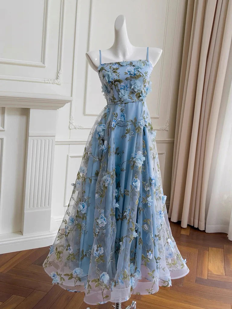 Cute Spaghetti Straps A-Line Tulle Floral Long Prom Dresses, Sky Blue Formal Evening Dresses DP3162