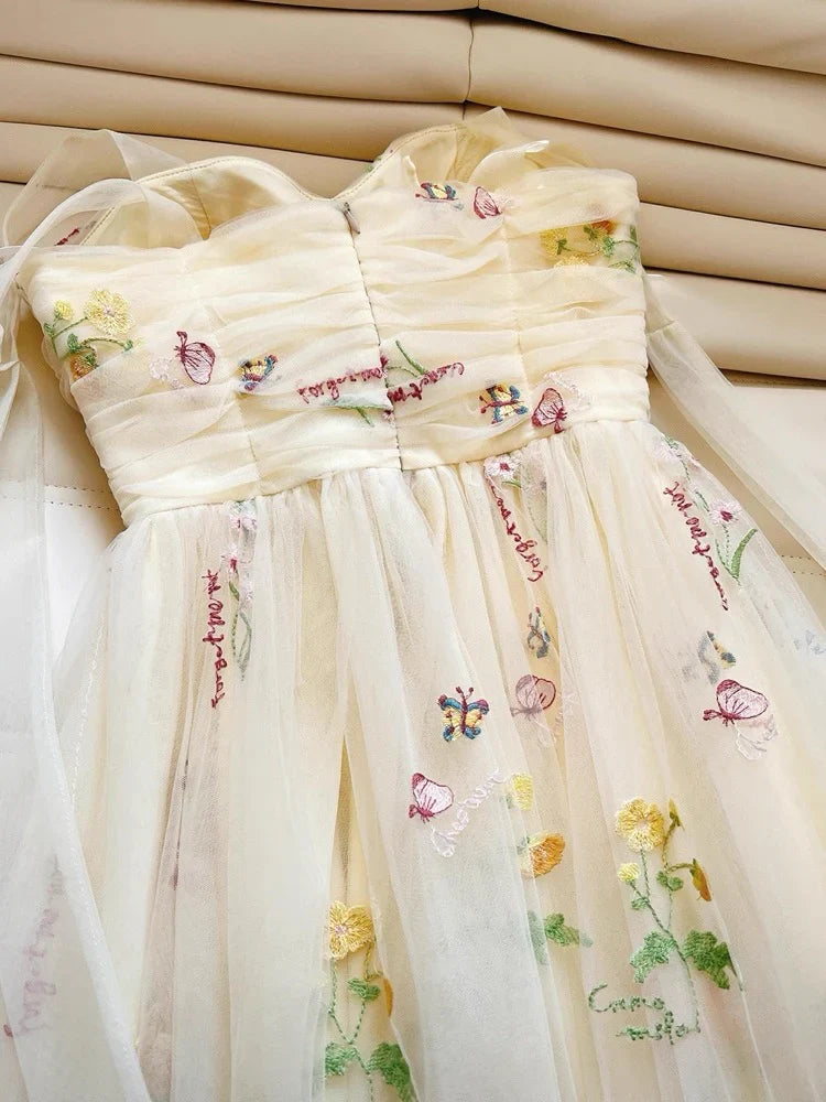 Cute Straps A-Line Tulle Floral Long Prom Dresses, Pale Yellow Formal Evening Dresses DP3164