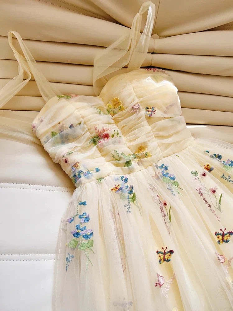Cute Straps A-Line Tulle Floral Long Prom Dresses, Pale Yellow Formal Evening Dresses DP3164