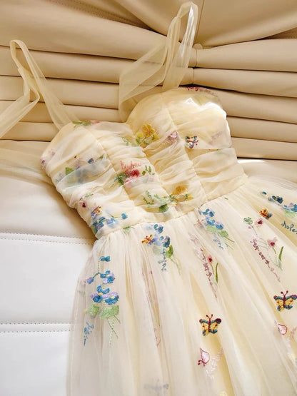Cute Straps A-Line Tulle Floral Long Prom Dresses, Pale Yellow Formal Evening Dresses DP3164