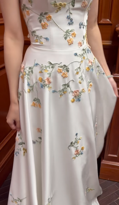 Elegant Sweetheart Sheath Satin Long Prom Dresses, White Floral Formal Dresses DP3171