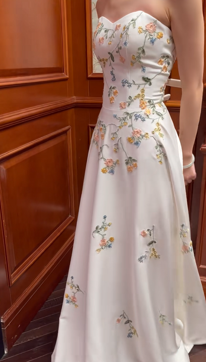 Elegant Sweetheart Sheath Satin Long Prom Dresses, White Floral Formal Dresses DP3171