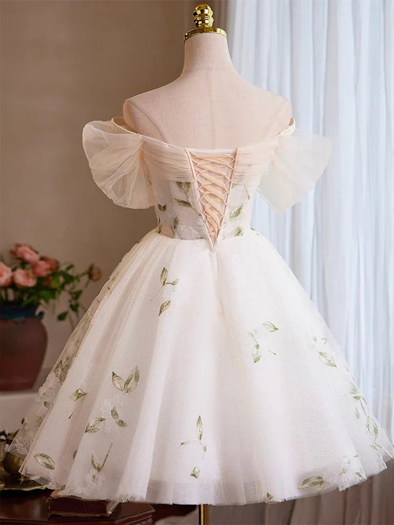 Gorgeous Off-the-shoulder A-Line Tulle Short Prom Dresses, White Homecoming Dresses DP3173