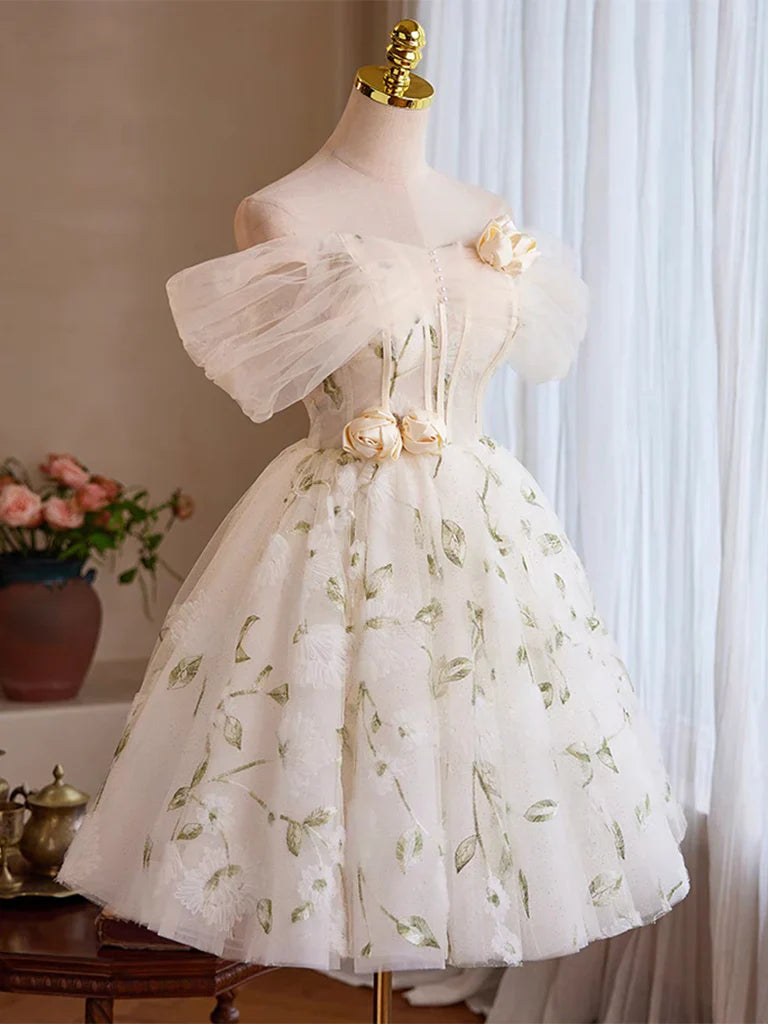 Gorgeous Off-the-shoulder A-Line Tulle Short Prom Dresses, White Homecoming Dresses DP3173