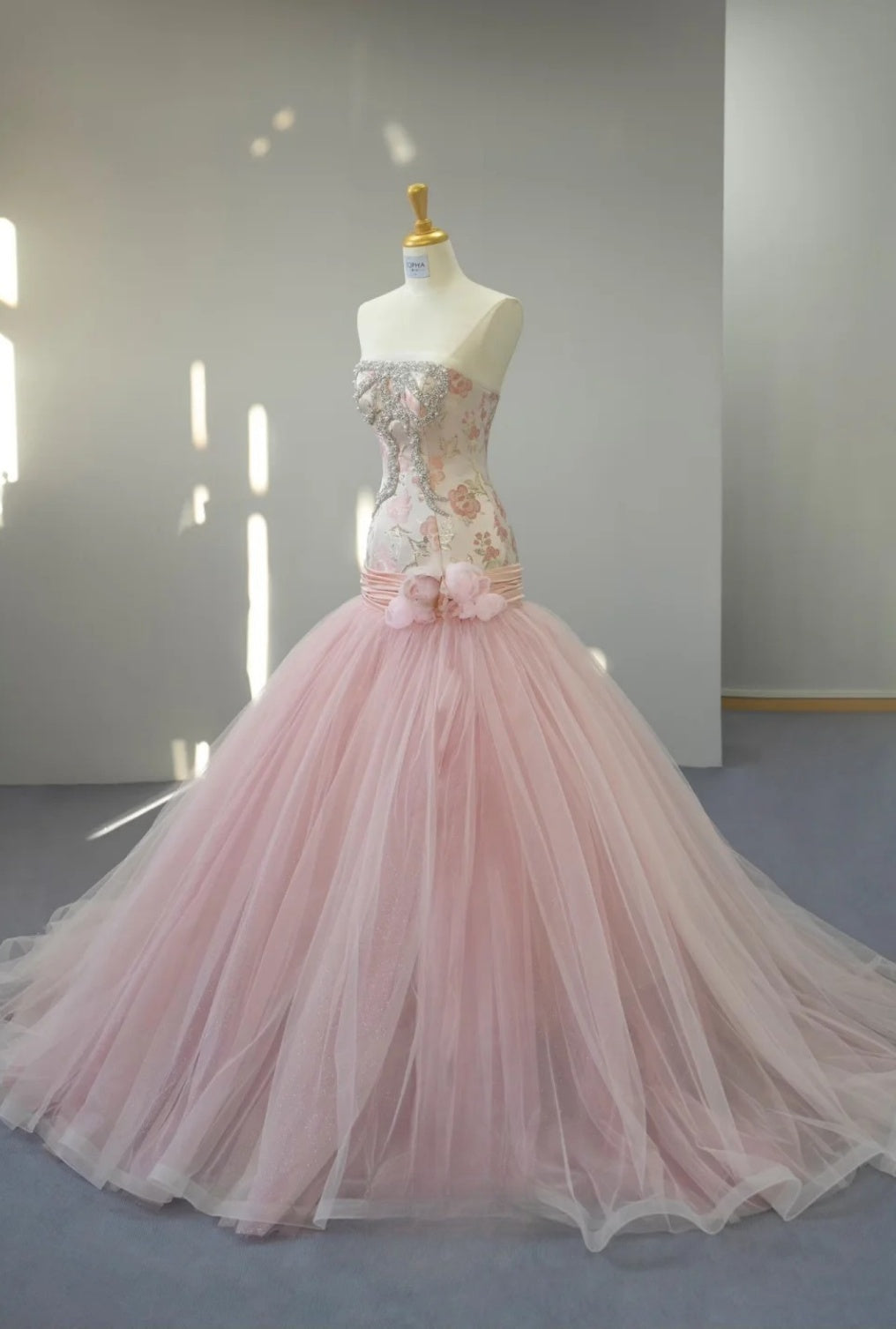 Fairy Strapless Mermaid Long Prom Dresses, Beaded Tulle Pink Evening Gowns DP3221