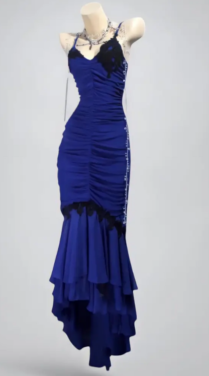Elegant Spaghetti Strap Mermaid Long Prom Dresses Chiffon Blue Formal Dresses Sleeveless Evening Dresses DP3280
