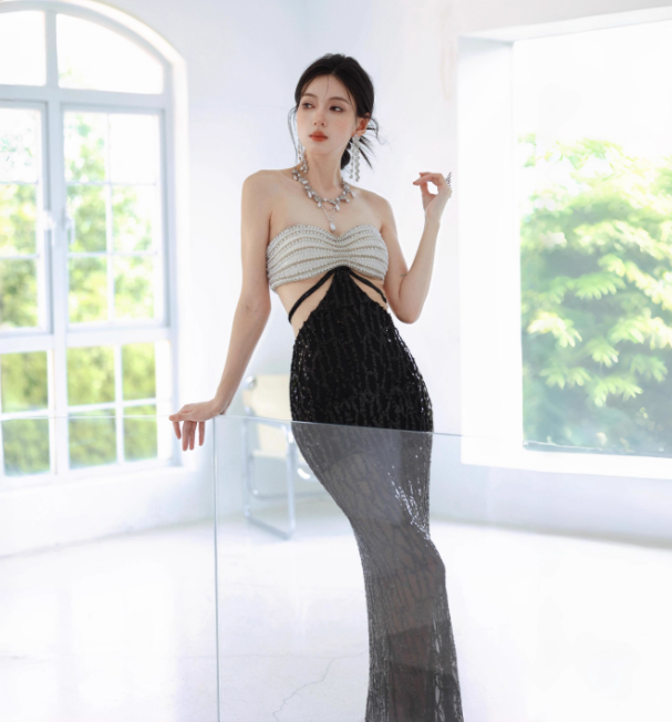 Sexy Strapless Mermaid Long Evening Dresses Beaded Sequin Party Dresses Black Prom Dresses  DP3306