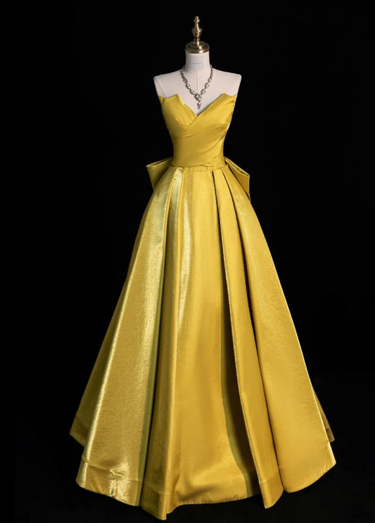 Chic Strapless A-Line Long Prom Dresses Satin Yellow Evening Dresses DP3339