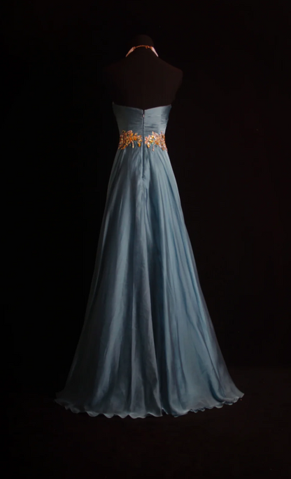 Vintage Sweetheart Neck Sheath Long Prom Dresses Chiffon Pleated Blue Evening Dress Sleeveless Formal Dresses DP3681