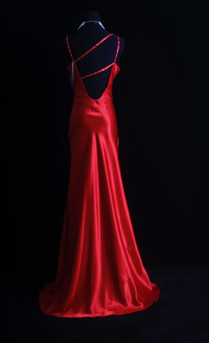 Vintage Spaghetti Strap Sheath Long Prom Dresses Satin Backless Red Evening Dress Beaded Sleeveless Formal Dresses DP3682