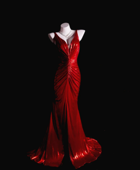 Sexy V-neck Mermaid Long Prom Dresses Backless Red Evening Dress Sleeveless Formal Dresses DP3683