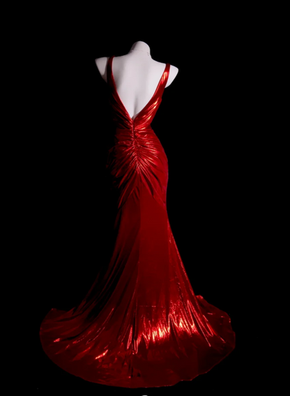 Sexy V-neck Mermaid Long Prom Dresses Backless Red Evening Dress Sleeveless Formal Dresses DP3683